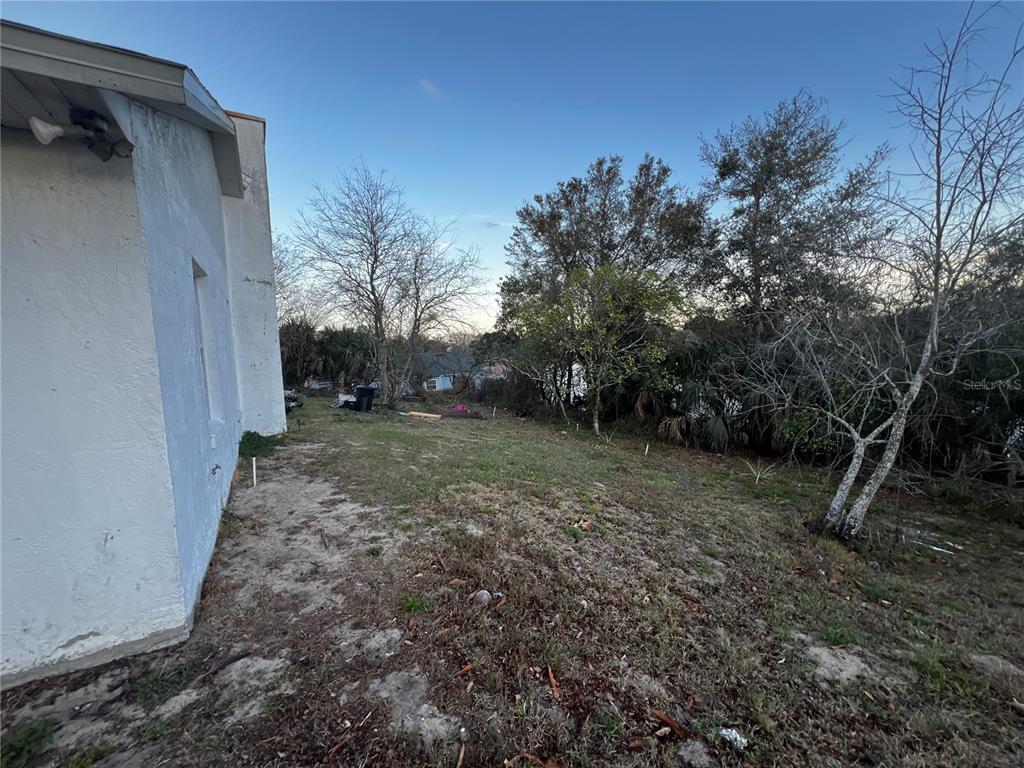 A view of a grassy backyard next to the side of a white stucco house — 6409 ROYAL TERN STREET, ORLANDO, FL