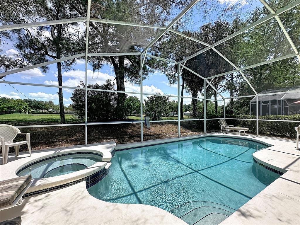 A screened-in swimming pool and spa with a patio area overlooking a grassy yard — 2223 MALLORY CIRCLE, HAINES CITY, FL