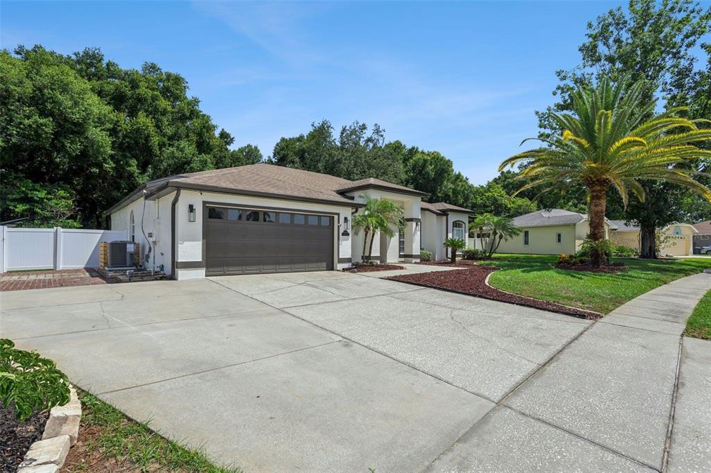 A single-story house with a two-car garage, a concrete driveway, and a palm tree — 16413 ARROWHEAD TRL, CLERMONT, FL