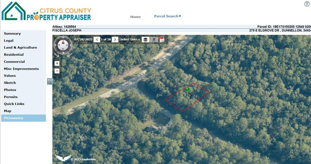 An aerial view shows a wooded lot outlined in red on a property appraiser map — 275 E ELGROVE DRIVE, CITRUS SPRINGS, FL