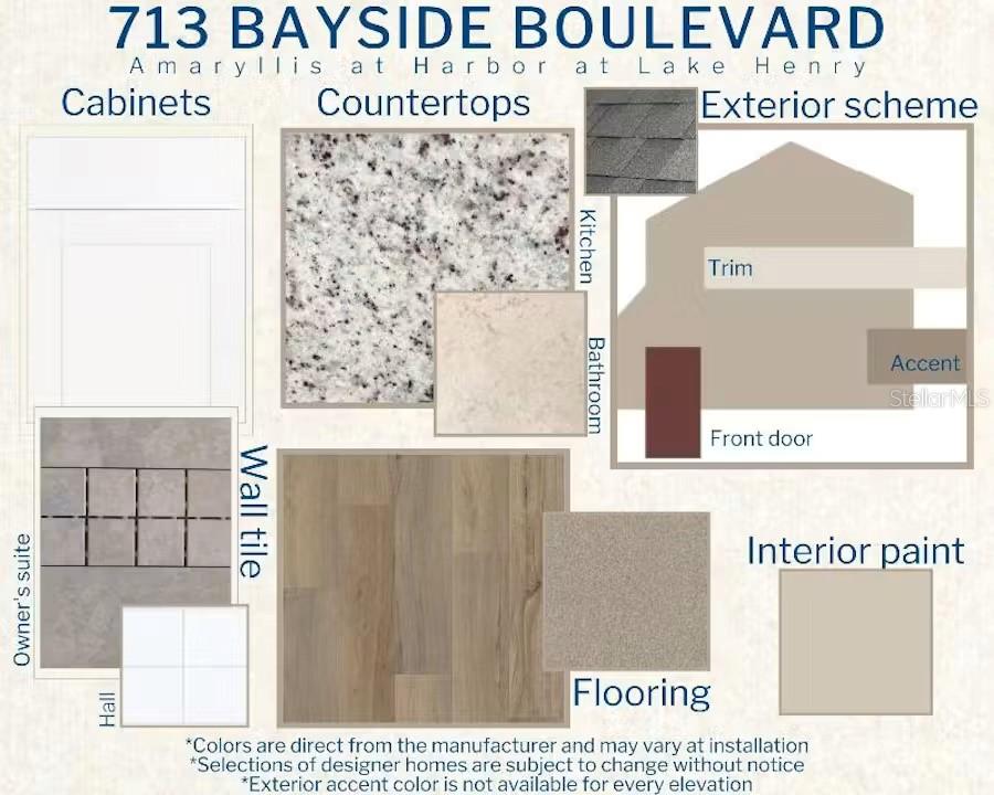 This design board displays material and color selections for home finishes, including flooring and cabinetry — 713 BAYSIDE BOULEVARD, WINTER HAVEN, FL