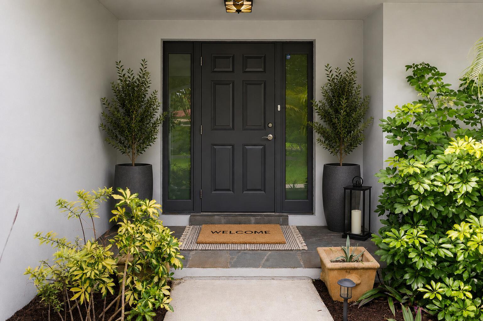 A dark gray front door with sidelights sits at the top of stone steps — 3240 Lakeview Drive, Pompano Beach FL 33062, POMPANO BEACH, FL