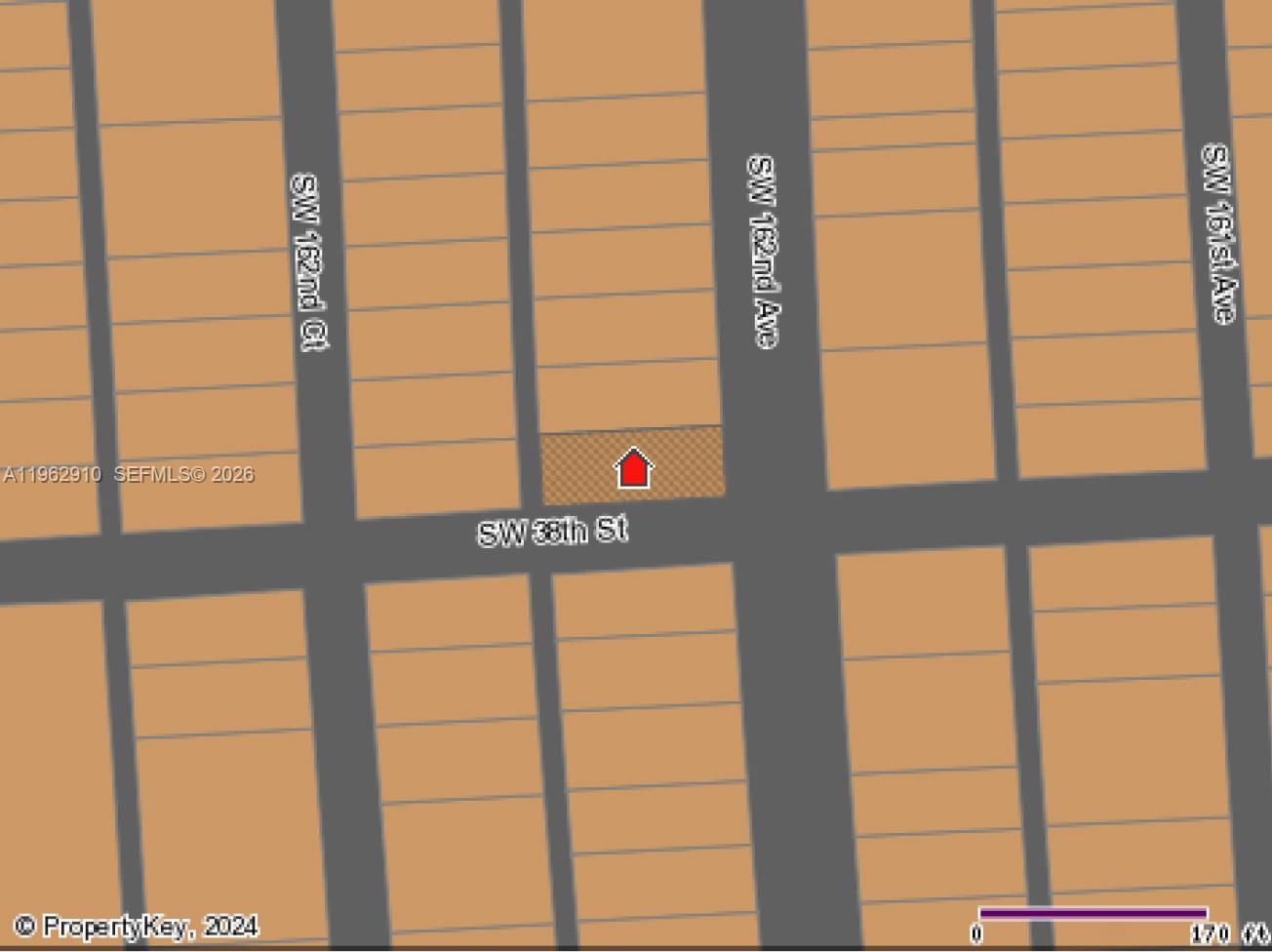 This is a map showing a property lot highlighted with a red house icon — SW 38 St & SW 162 Ave, Miami FL 33185, MIAMI, FL
