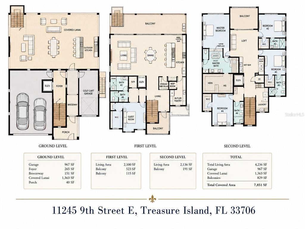 This floor plan shows the layout of a three-level home with multiple bedrooms and balconies — 11245 9TH STREET E, TREASURE ISLAND, FL