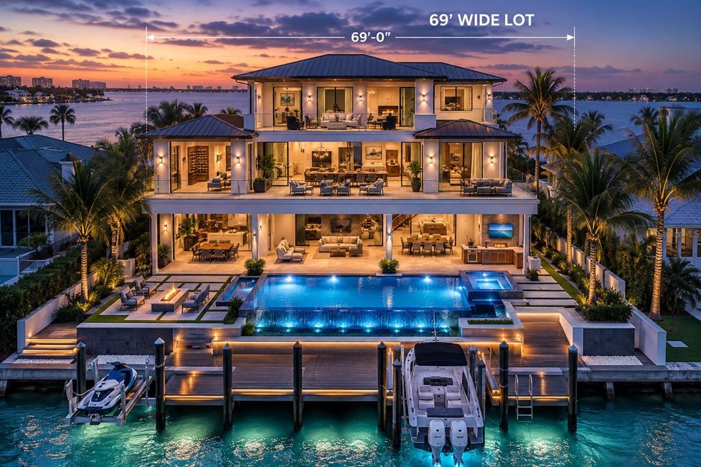 A three-story waterfront mansion features a pool, boat dock, and balconies at sunset — 11245 9TH STREET E, TREASURE ISLAND, FL