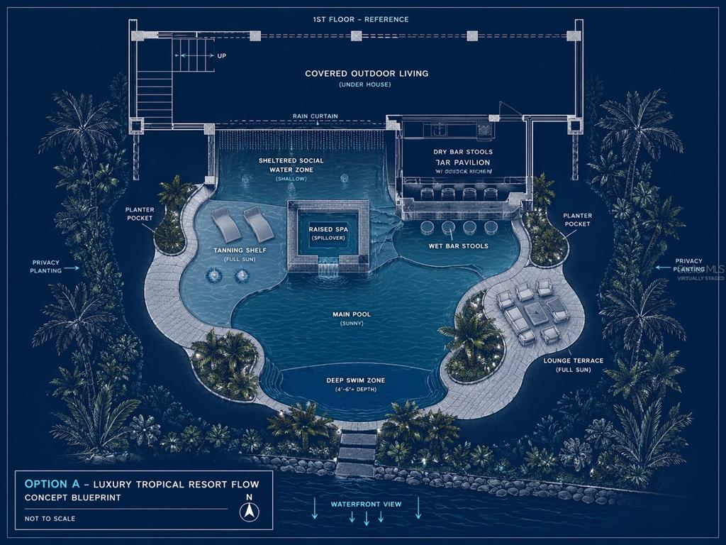 This image shows a custom swimming pool and spa with travertine decking and bar seating — 11245 9TH STREET E, TREASURE ISLAND, FL