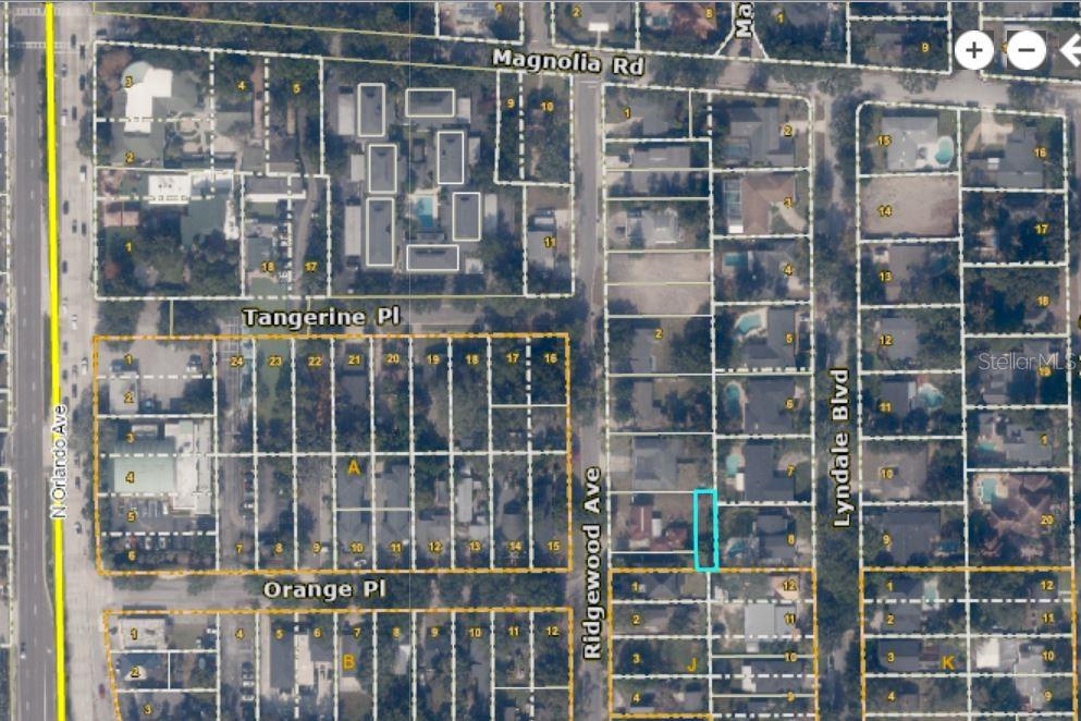 This is a satellite map view showing residential property lot lines in a neighborhood — RIDGEWOOD AVENUE, MAITLAND, FL