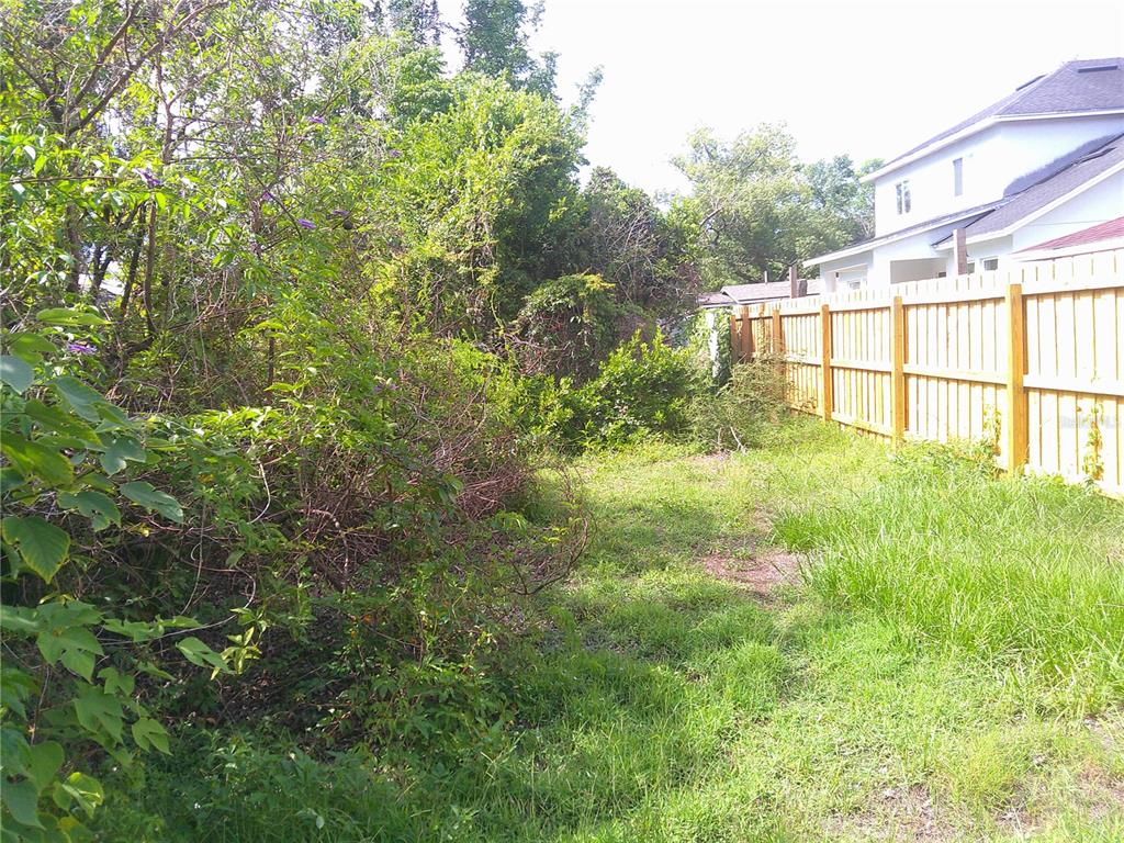 A grassy backyard area features dense overgrown vegetation alongside a wooden privacy fence — RIDGEWOOD AVENUE, MAITLAND, FL