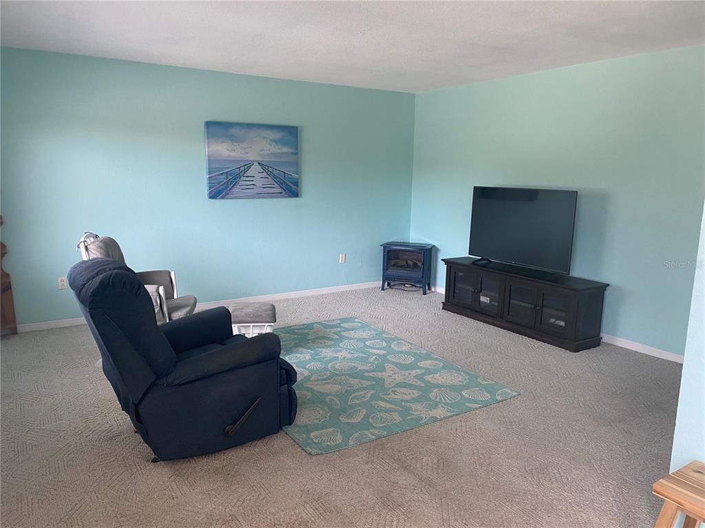 A living room features light blue walls, a dark media console, and a patterned area rug — 11224 82ND AVENUE UNIT 210, SEMINOLE, FL