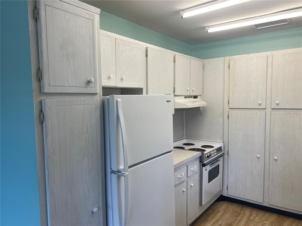 A kitchen features white wood-grain cabinets, a white refrigerator, and a white electric range — 11224 82ND AVENUE UNIT 210, SEMINOLE, FL