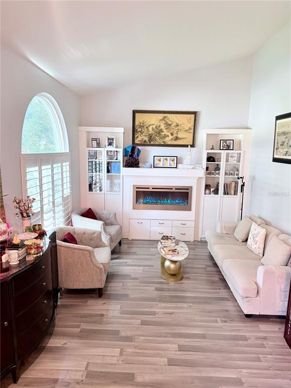 A living room features a fireplace, built-in shelving, two armchairs, and a sofa — 1808 POWDER RIDGE DRIVE, VALRICO, FL