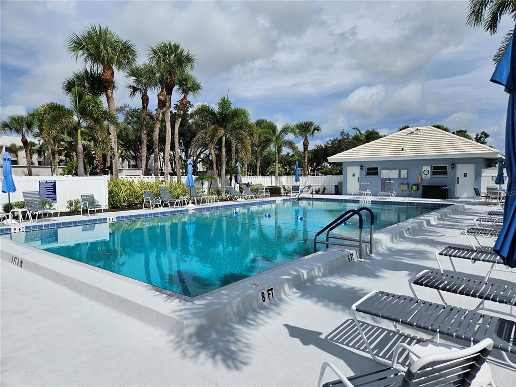 A rectangular swimming pool with lounge chairs and palm trees sits in front of a building — 435 CERROMAR LANE UNIT 329, VENICE, FL