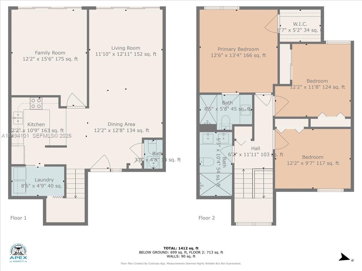 This is a two-story floor plan showing the layout of rooms, bathrooms, and stairs — 9450 Live Oak Pl # 109, Davie FL 33324, DAVIE, FL
