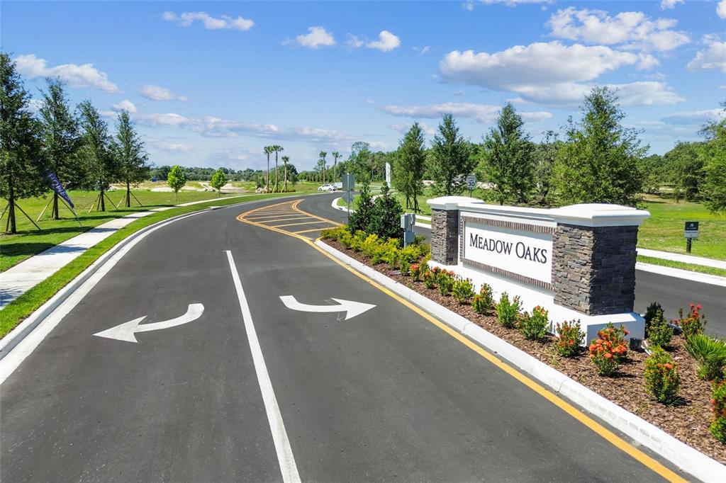 A stone monument sign marks the entrance to the Meadow Oaks residential community — 13704 BRUSHLEAF COURT, HUDSON, FL