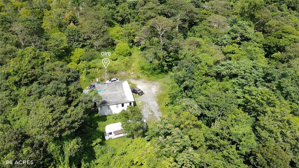 An aerial view shows a house and a camper parked in a clearing surrounded by forest — PR-181 km 11.0 CAYAGUAZ, SAN LORENZO, PR