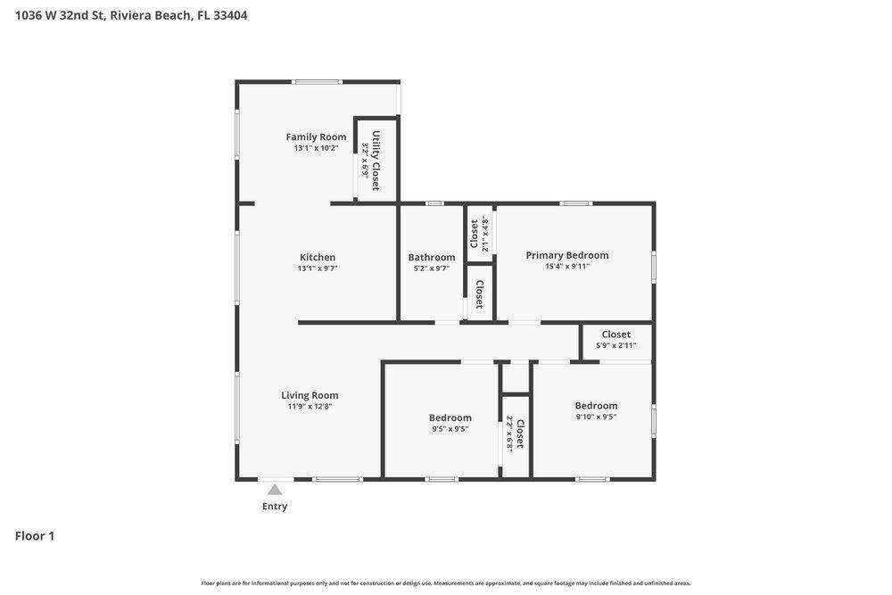 This is a floor plan for a single-story home with three bedrooms and one bathroom — RIVIERA BEACH, FL