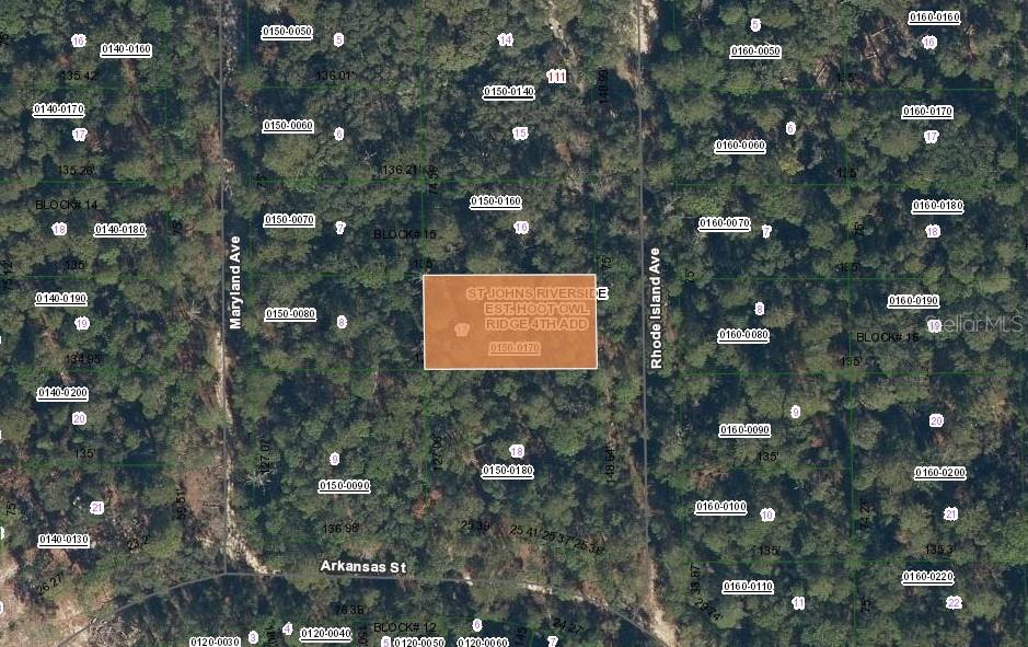 This is a satellite map showing a highlighted land parcel within a residential subdivision — 105 RHODE ISLAND AVENUE, SATSUMA, FL