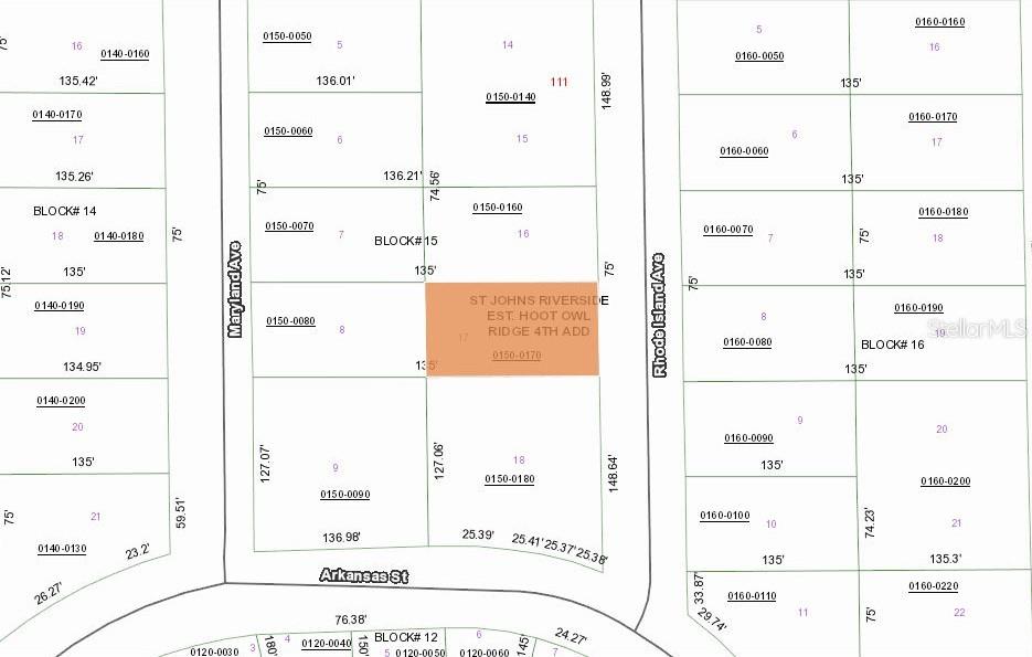 This is a property tax map showing lot boundaries and parcel numbers in a neighborhood — 105 RHODE ISLAND AVENUE, SATSUMA, FL