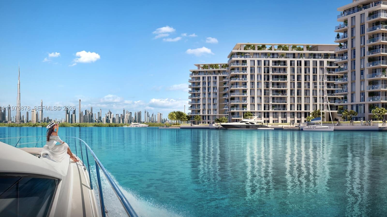 This architectural rendering shows a woman on a yacht overlooking a waterfront apartment complex — D54 Sheikh Zayed Bin Hamdan Al Nahyan Street., Dubai, FL