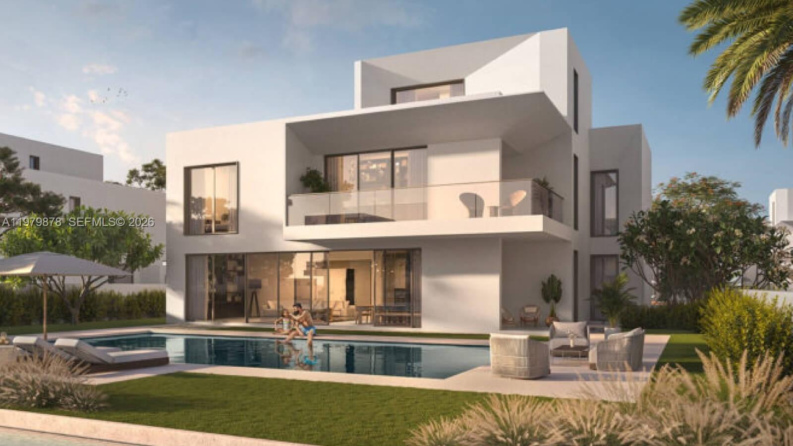 This is a rendering of a modern two-story house with a swimming pool and patio — D54 Sheikh Zayed Bin Hamdan Al Nahyan Street., Dubai, FL