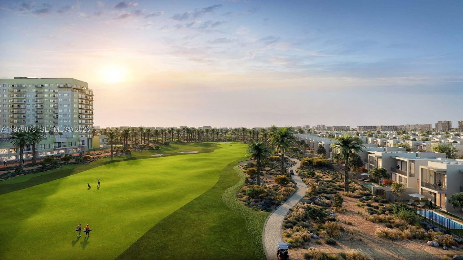 This is a rendering of a golf course surrounded by modern residential buildings and palm trees — D54 Sheikh Zayed Bin Hamdan Al Nahyan Street., Dubai, FL