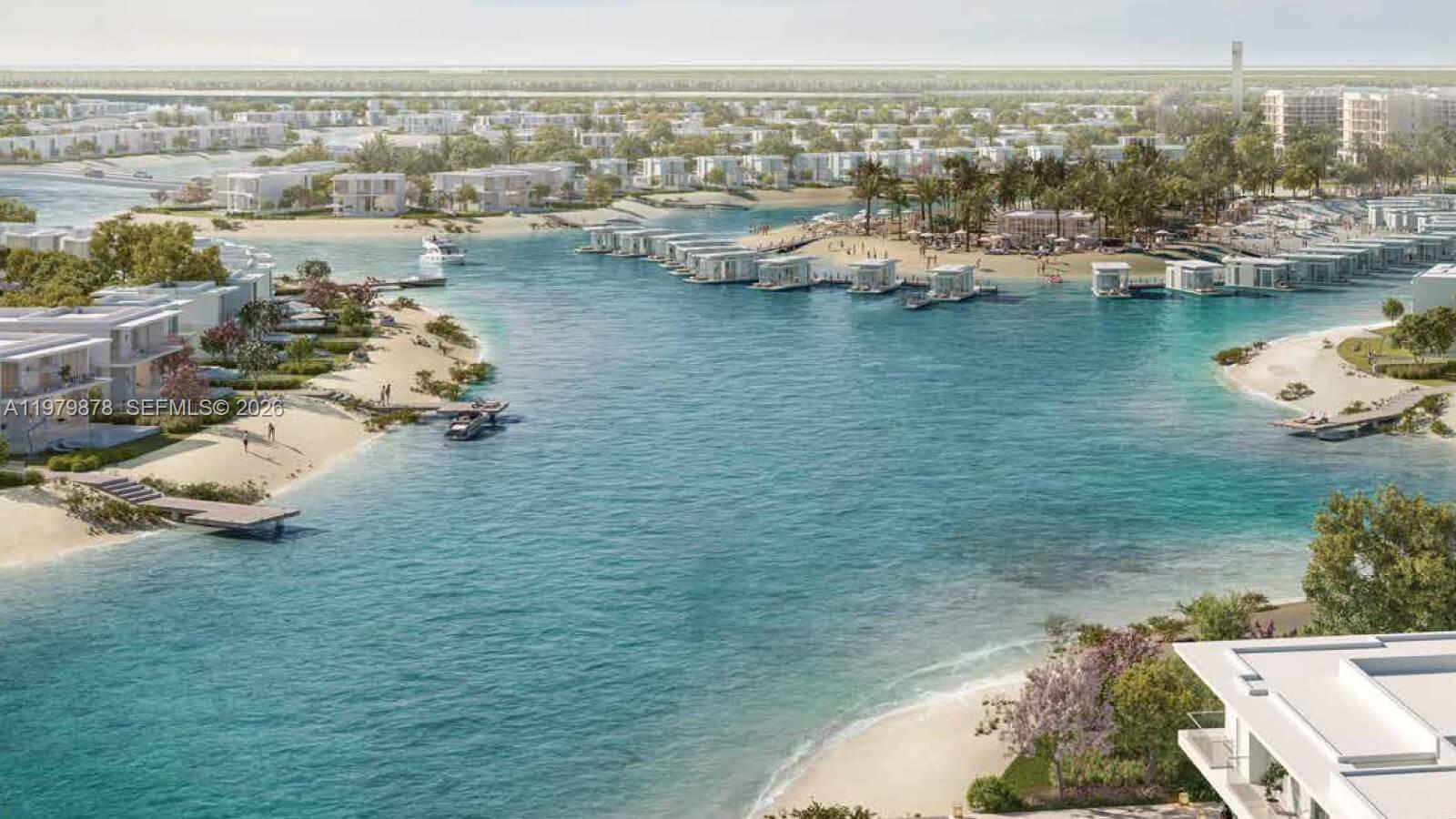 This is a rendering of a luxury waterfront residential development with villas and a lagoon — D54 Sheikh Zayed Bin Hamdan Al Nahyan Street., Dubai, FL