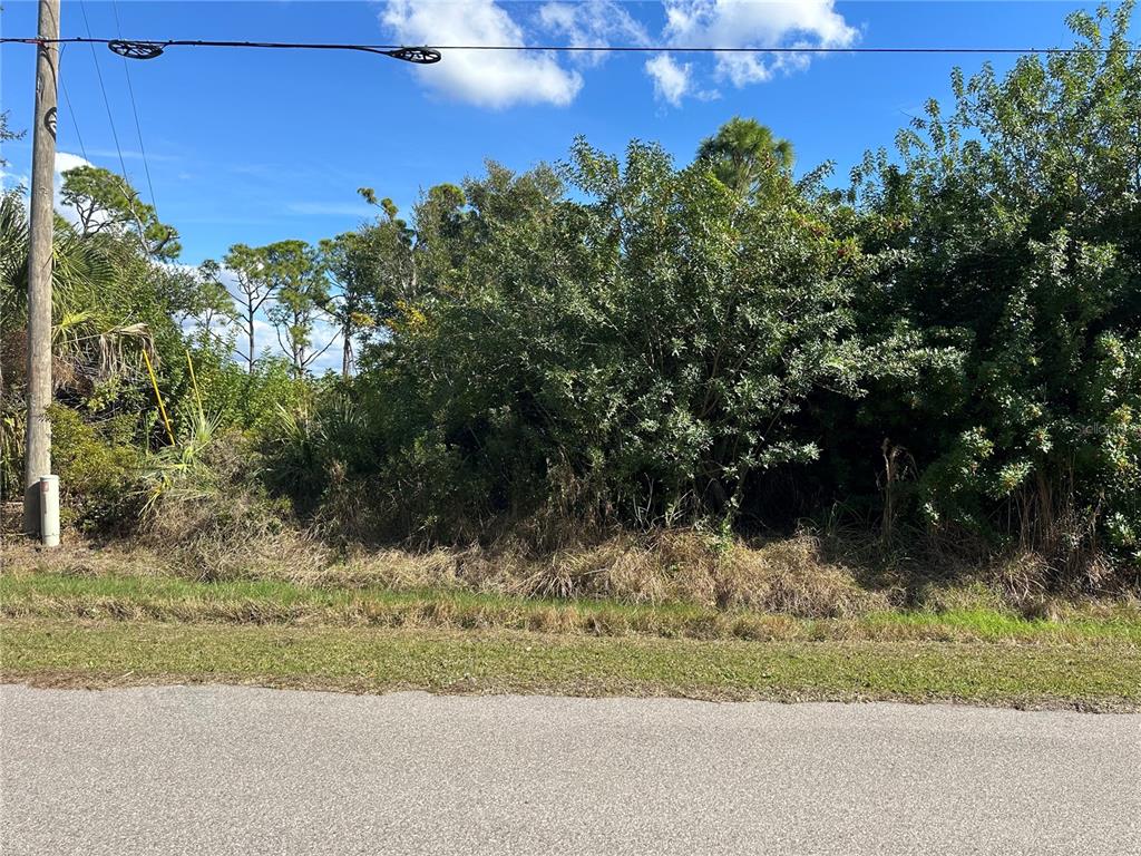 A vacant, overgrown lot sits beside a paved road under a blue sky — 1460 WESTOVER STREET, PORT CHARLOTTE, FL
