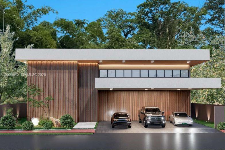This is a rendering of a modern two-story house with wood paneling and a carport — 9PHP+MX Bocas del Toro - Paradise, Panama, FL