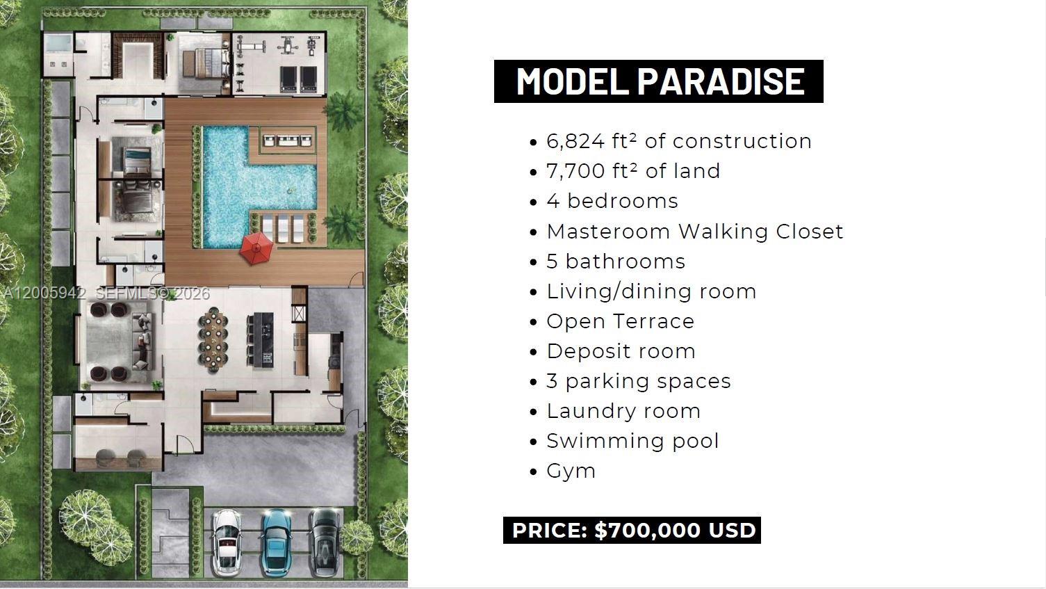 This architectural rendering shows a floor plan for a house with a swimming pool — 9PHP+MX Bocas del Toro - Paradise, Panama, FL