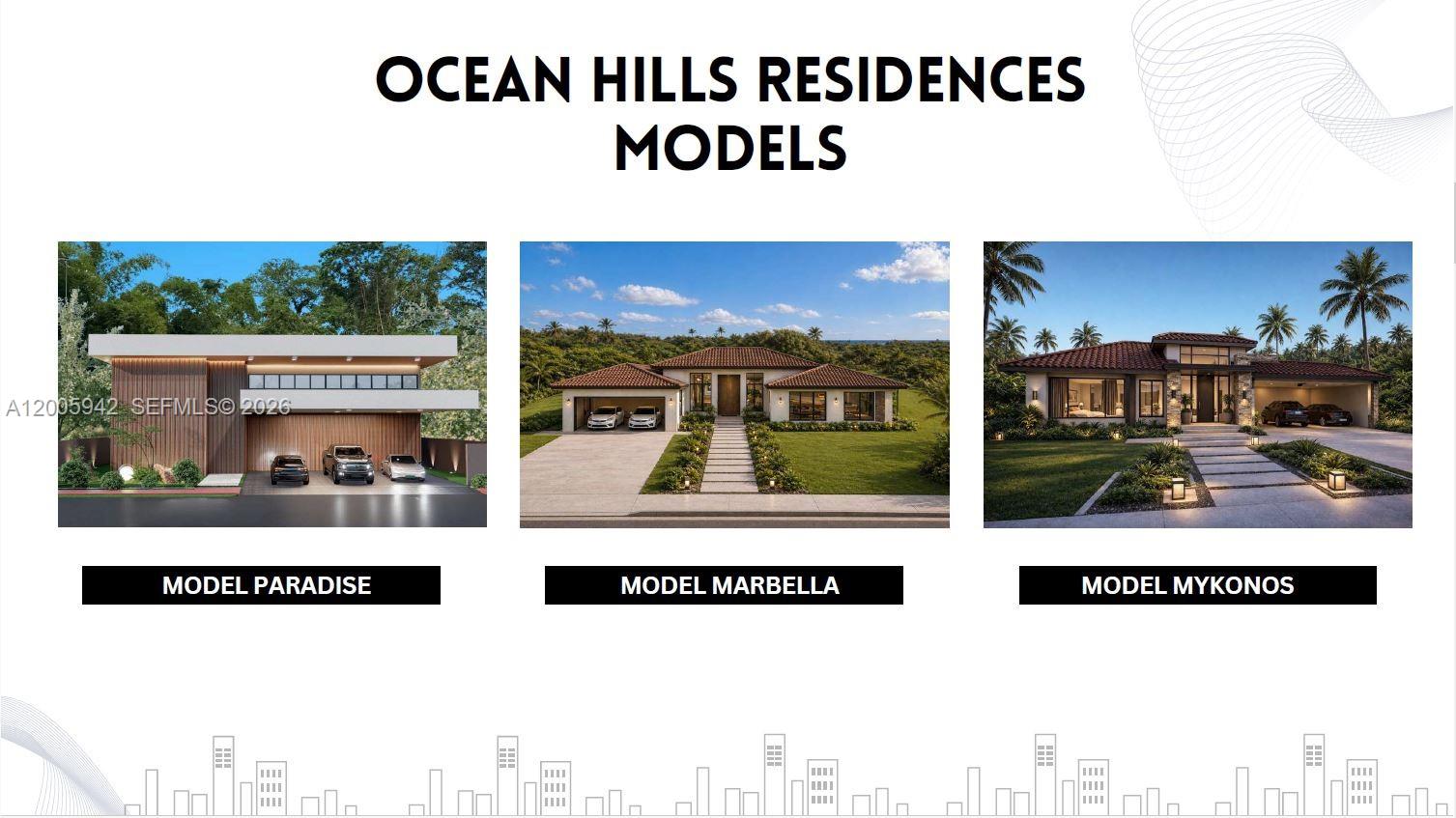 This rendering displays three distinct house models named Paradise, Marbella, and Mykonos — 9PHP+MX Bocas del Toro - Paradise, Panama, FL