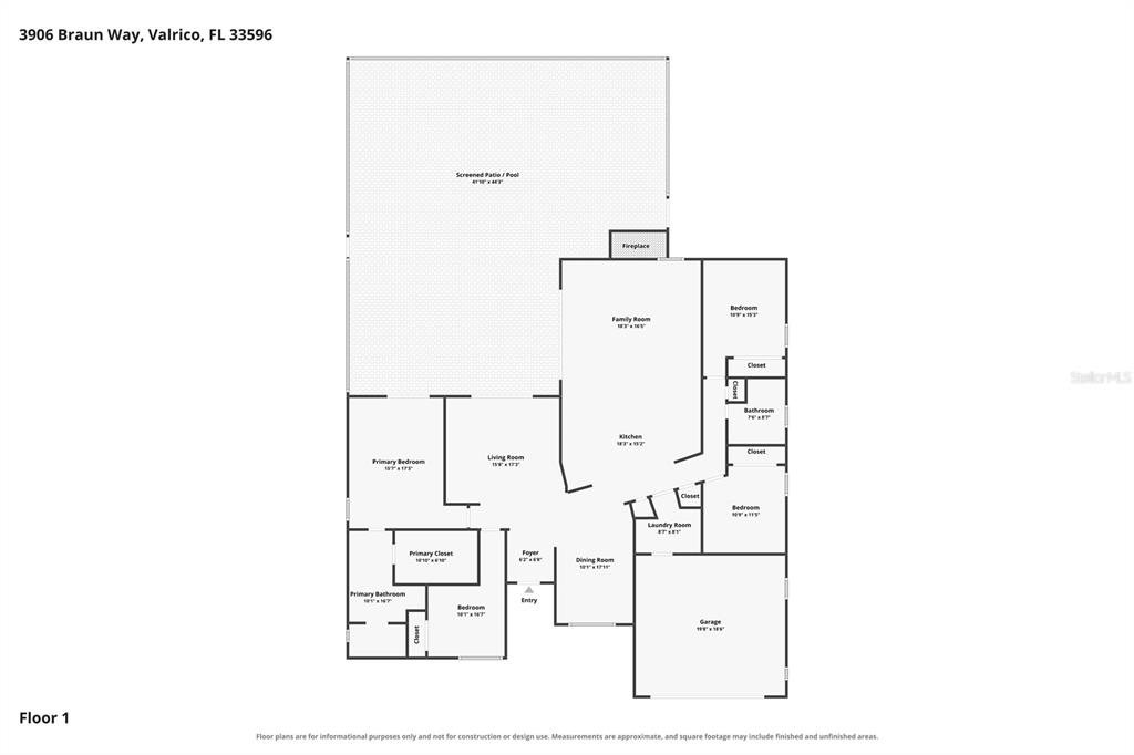This is a floor plan of a single-story house with a pool and screened patio — 3906 BRAUN WAY, VALRICO, FL
