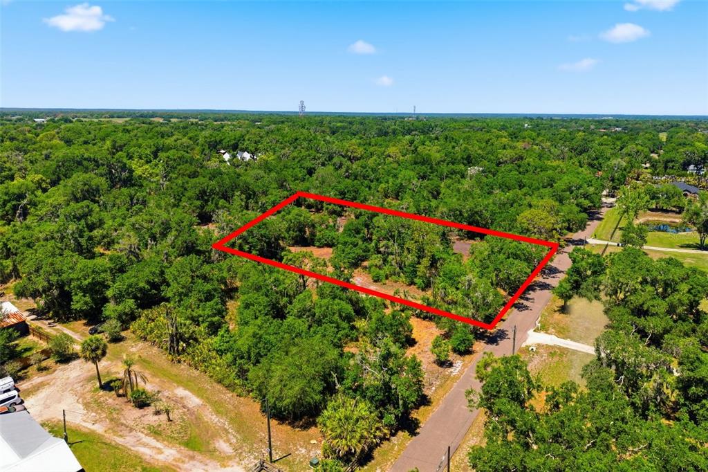 An aerial view shows several large houses on expansive, tree-lined lots with a pond — 19084 RED BIRD LANE LOT 1, LITHIA, FL