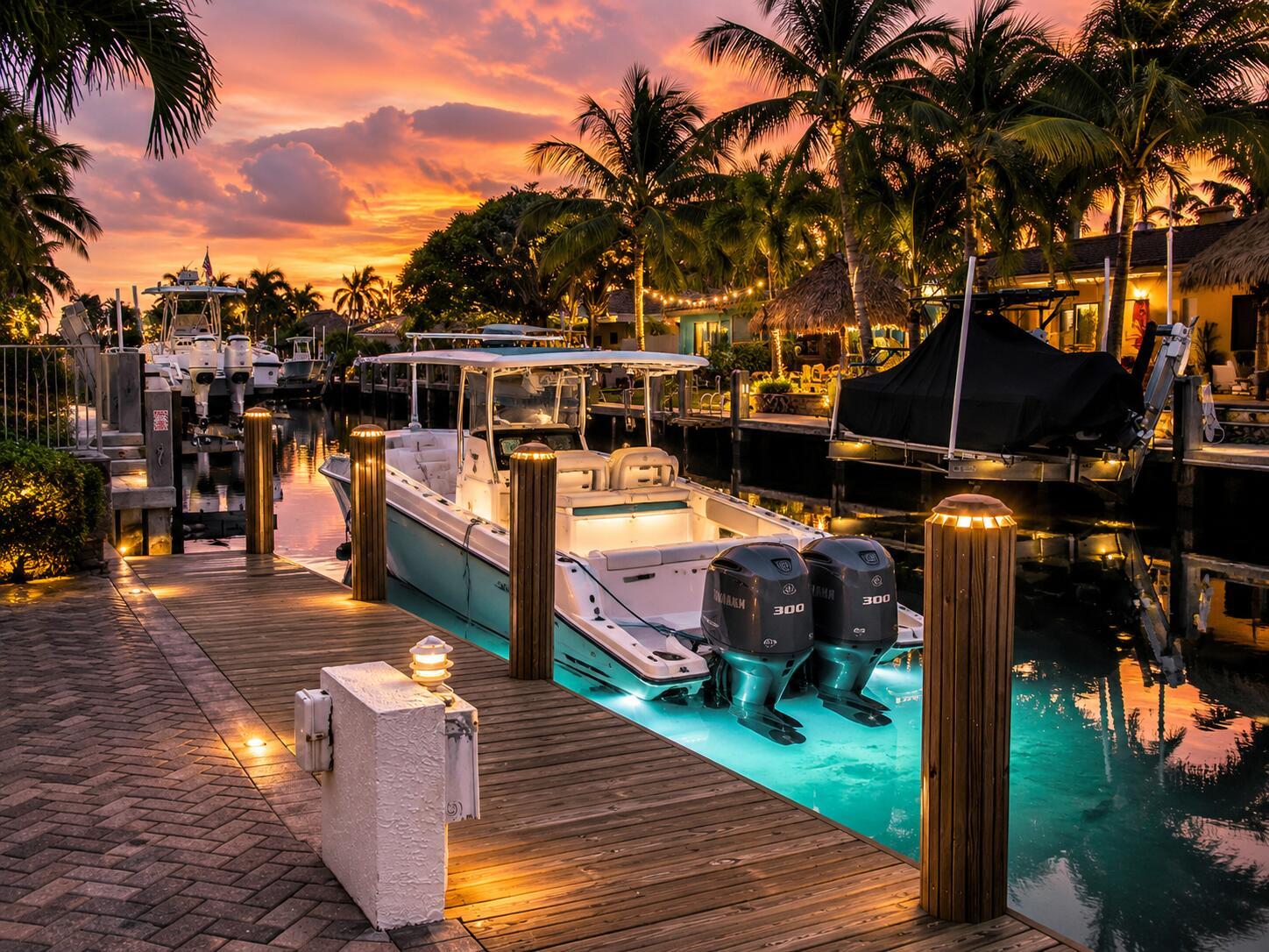 A boat is docked at a wooden pier during a vibrant sunset with palm trees — 200 SE 11th Street, Pompano Beach FL 33060, POMPANO BEACH, FL