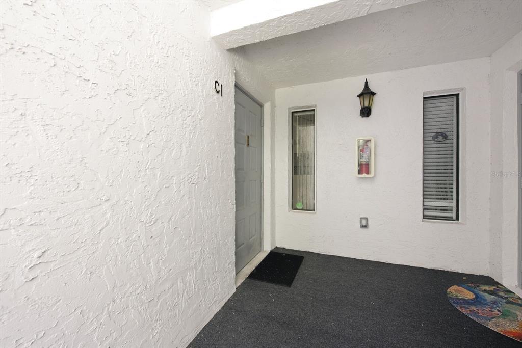 A gray front door with the number C1 sits on a covered concrete porch — 1204 PINE RIDGE CIRCLE W UNIT C1, TARPON SPRINGS, FL