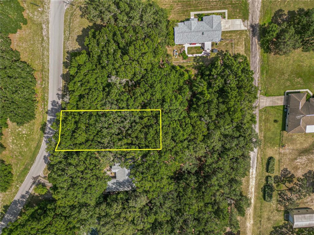 An aerial view shows a rectangular lot outlined in yellow within a wooded residential area — TBD SW 136TH COURT RD, DUNNELLON, FL