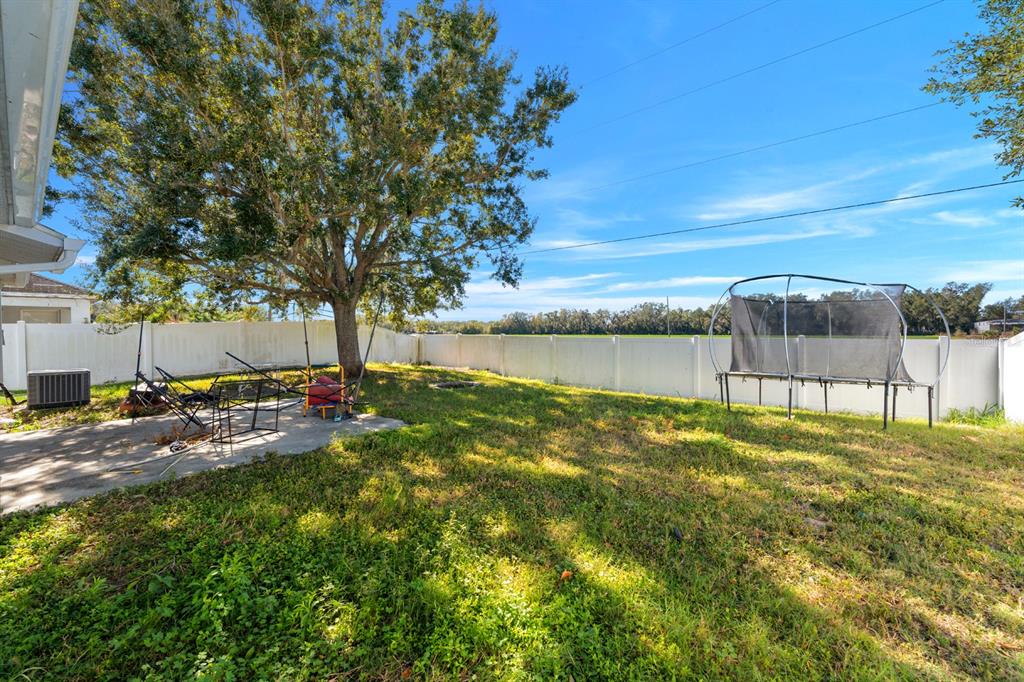 A backyard features a patio, a large tree, a trampoline, and a white privacy fence — 3609 TRAPNELL GROVE LOOP, PLANT CITY, FL