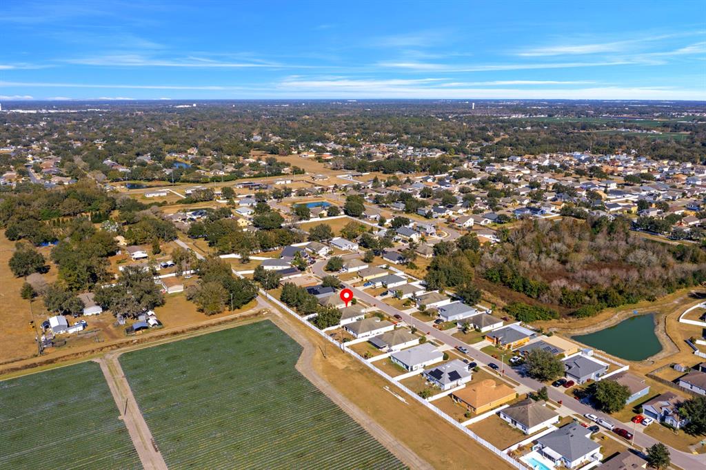 An aerial view shows a residential neighborhood bordering a large agricultural field — 3609 TRAPNELL GROVE LOOP, PLANT CITY, FL