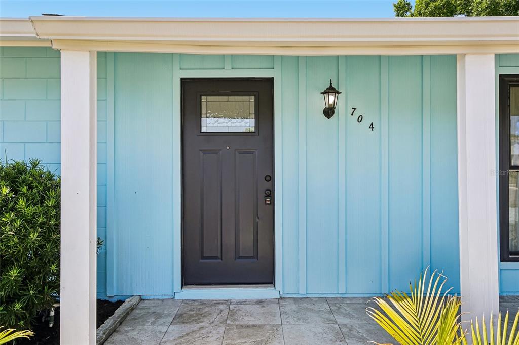 A light blue exterior wall features a dark gray front door and a wall-mounted lamp — 704 OJAI AVENUE, SUN CITY CENTER, FL