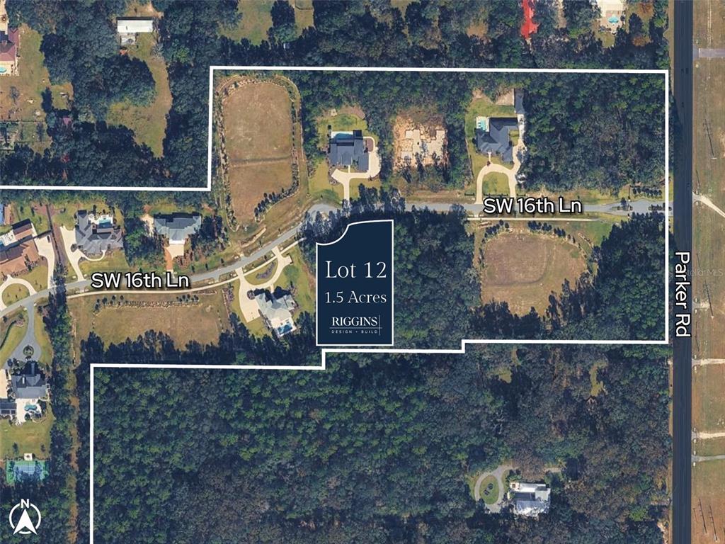 This is an aerial map showing a 1.5-acre residential lot labeled Lot 12 — 12387 SW 16TH LANE, NEWBERRY, FL