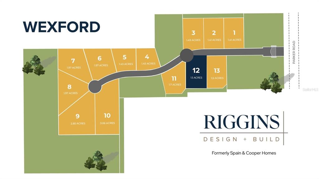 This is a map of the Wexford residential development showing thirteen numbered lots with acreage — 12387 SW 16TH LANE, NEWBERRY, FL