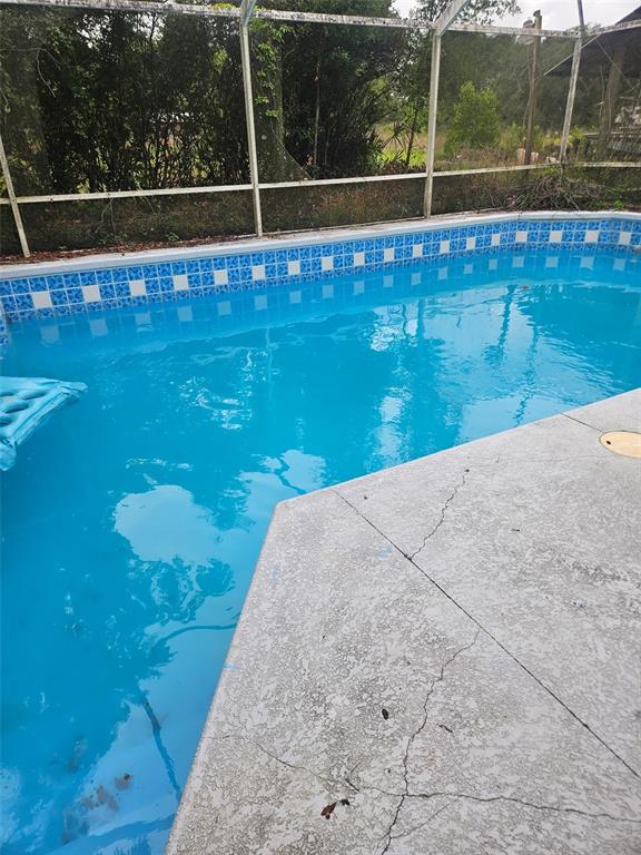 A backyard swimming pool with blue tile borders is enclosed by a screened-in lanai — 18890 SW 44TH STREET, DUNNELLON, FL