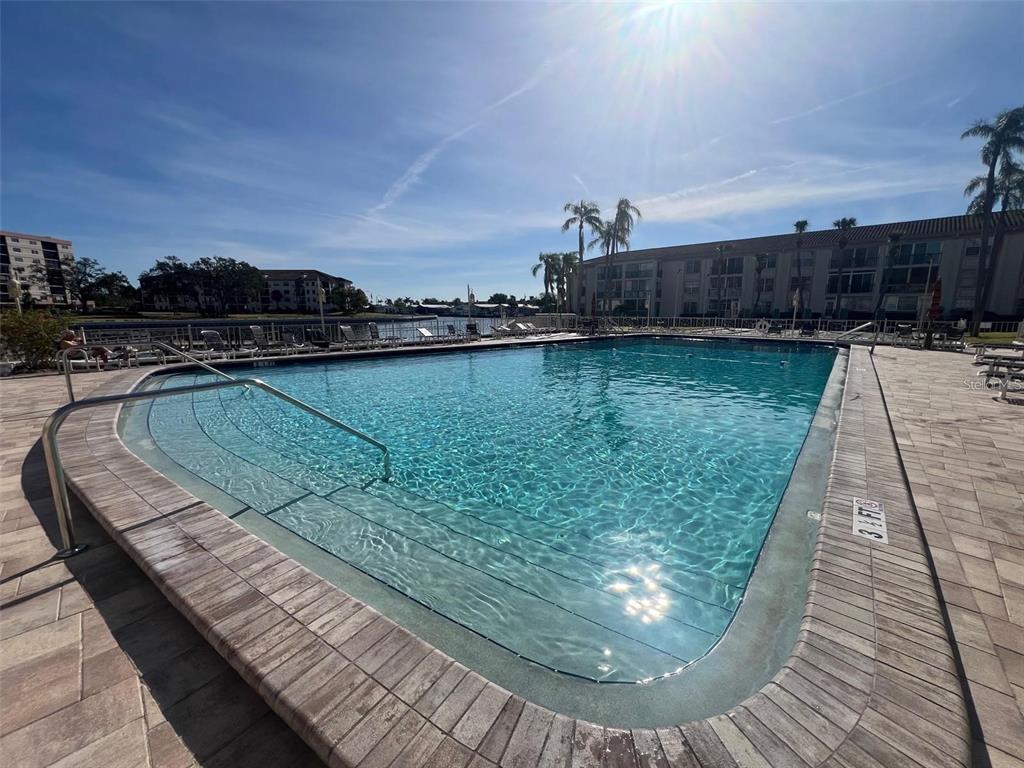 A rectangular swimming pool with a metal handrail sits on a paved deck outdoors — 19029 US HIGHWAY 19 N UNIT 6-14, CLEARWATER, FL