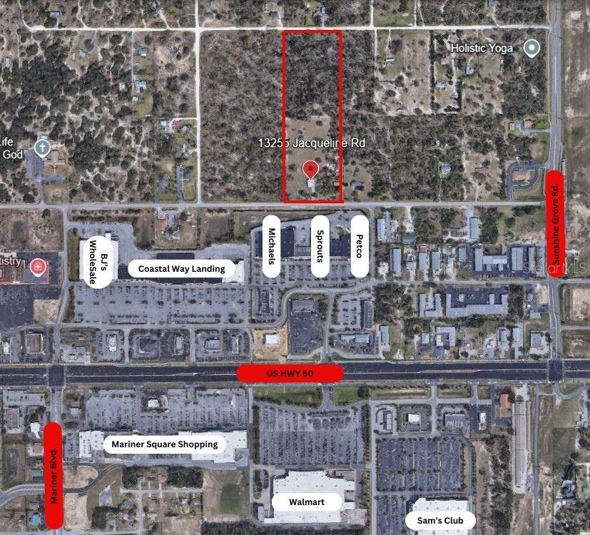 This is an aerial map showing a rectangular property parcel located north of a shopping center — 13255 JACQUELINE ROAD, BROOKSVILLE, FL