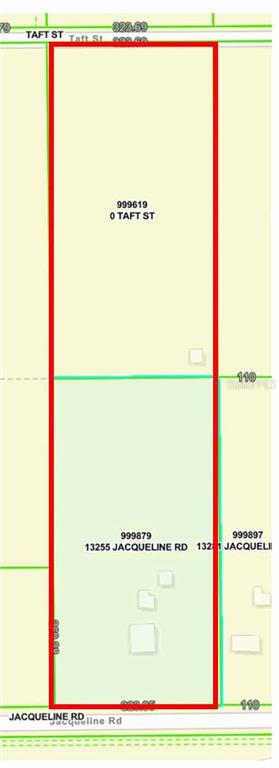 This is a property map showing two adjacent rectangular land parcels outlined in red — 13255 JACQUELINE ROAD, BROOKSVILLE, FL