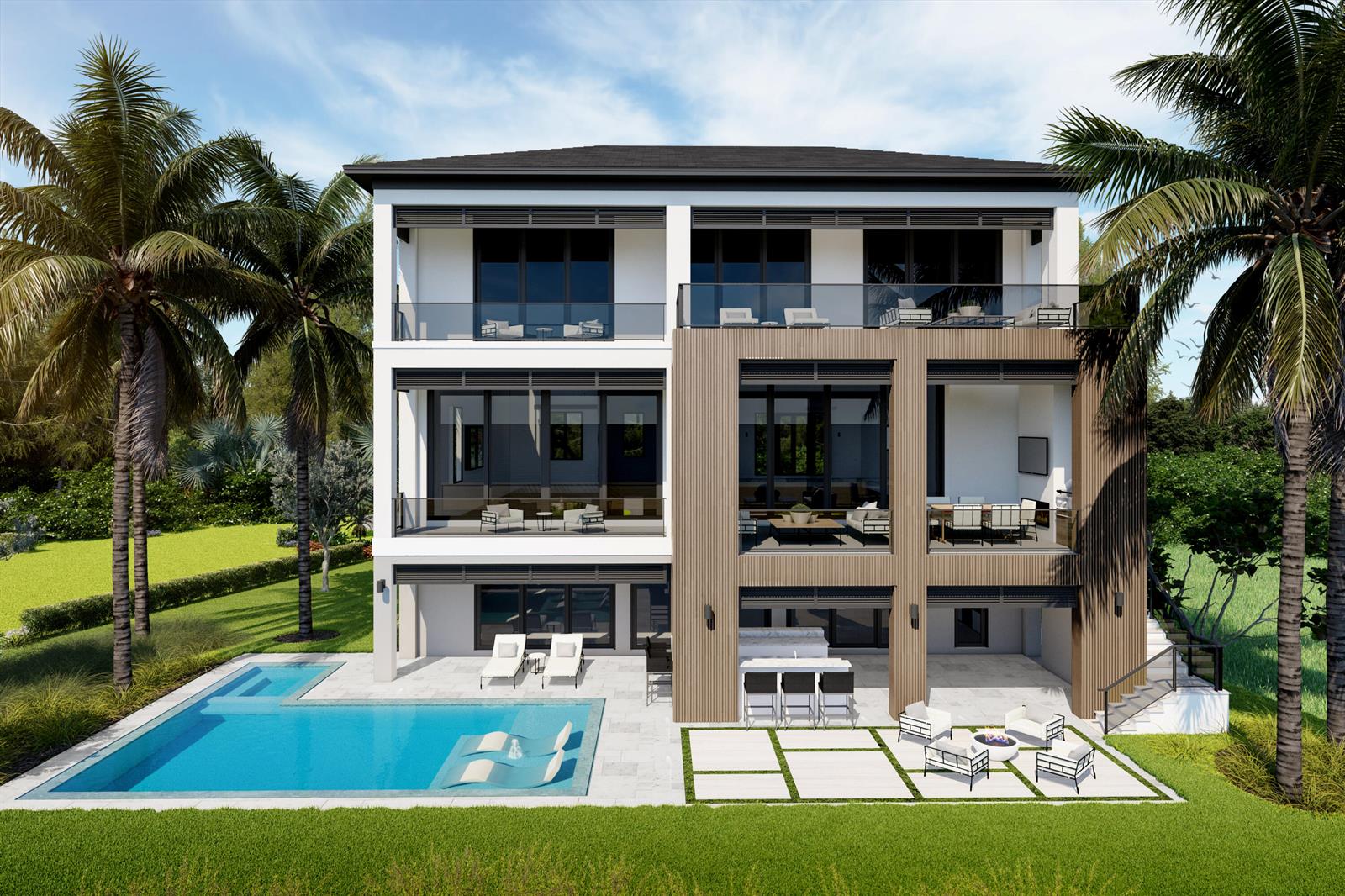 This architectural rendering shows the rear exterior of a three-story modern home with a pool — 9 Anacostia Place, Fort Pierce FL 34949, FORT PIERCE, FL
