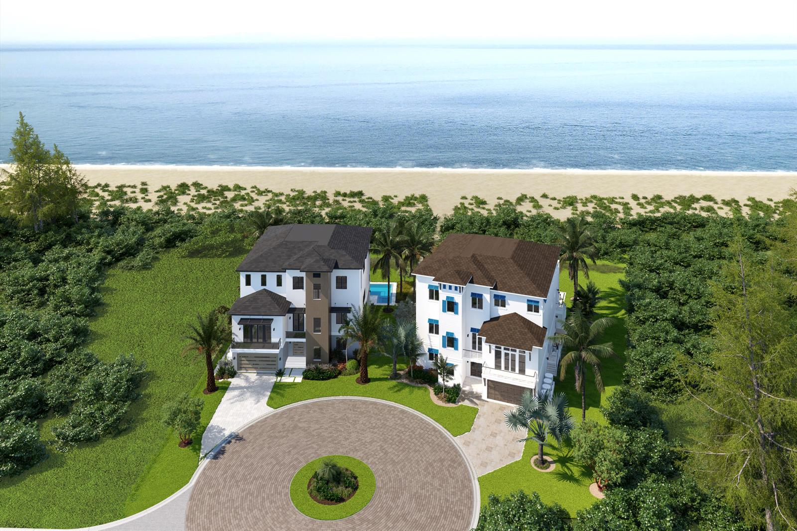 This architectural rendering shows two modern multi-story homes situated on a beachfront lot — 9 Anacostia Place, Fort Pierce FL 34949, FORT PIERCE, FL