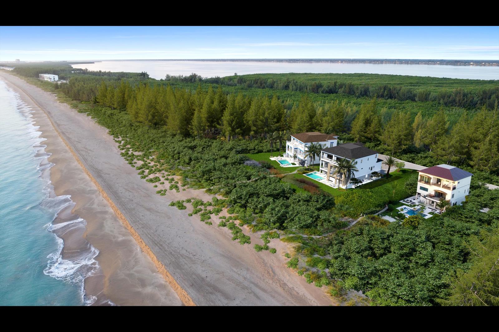 An aerial rendering shows three luxury houses situated on a beach next to a forest — 9 Anacostia Place, Fort Pierce FL 34949, FORT PIERCE, FL
