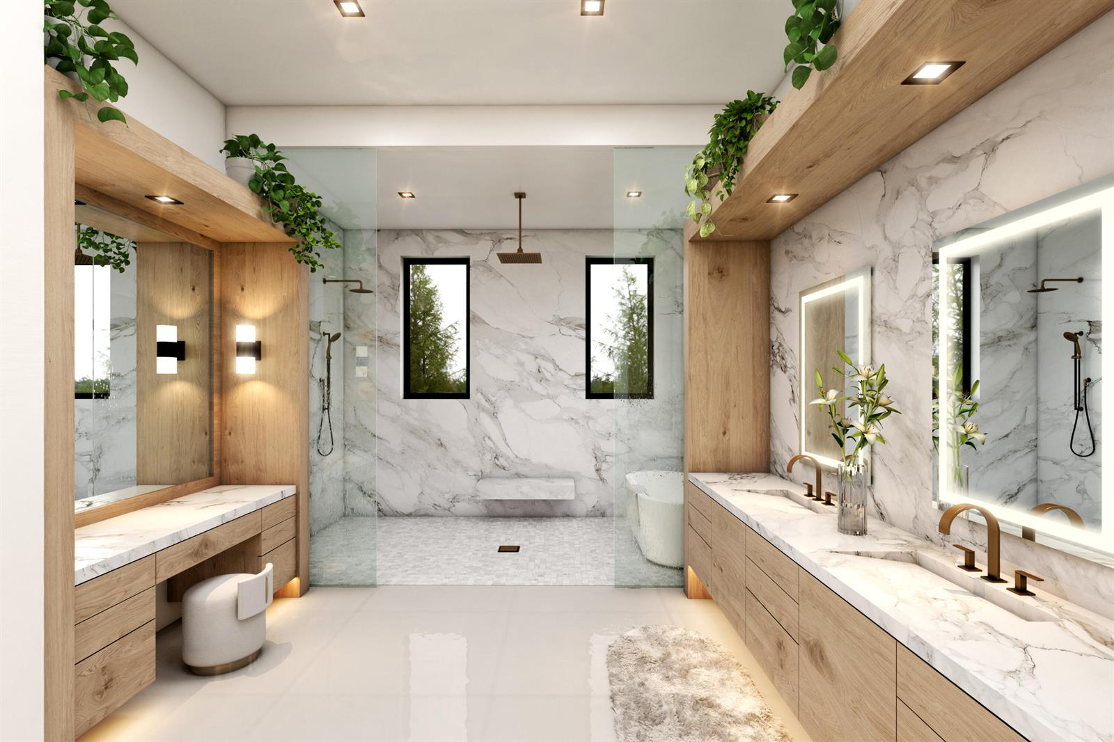 This is a rendering of a modern bathroom with marble walls, wood cabinetry, and plants — 9 Anacostia Place, Fort Pierce FL 34949, FORT PIERCE, FL