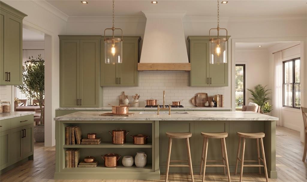 This is a rendering of a kitchen with green cabinets, a marble island, and stools — 420 OHIO STREET, WINTER PARK, FL