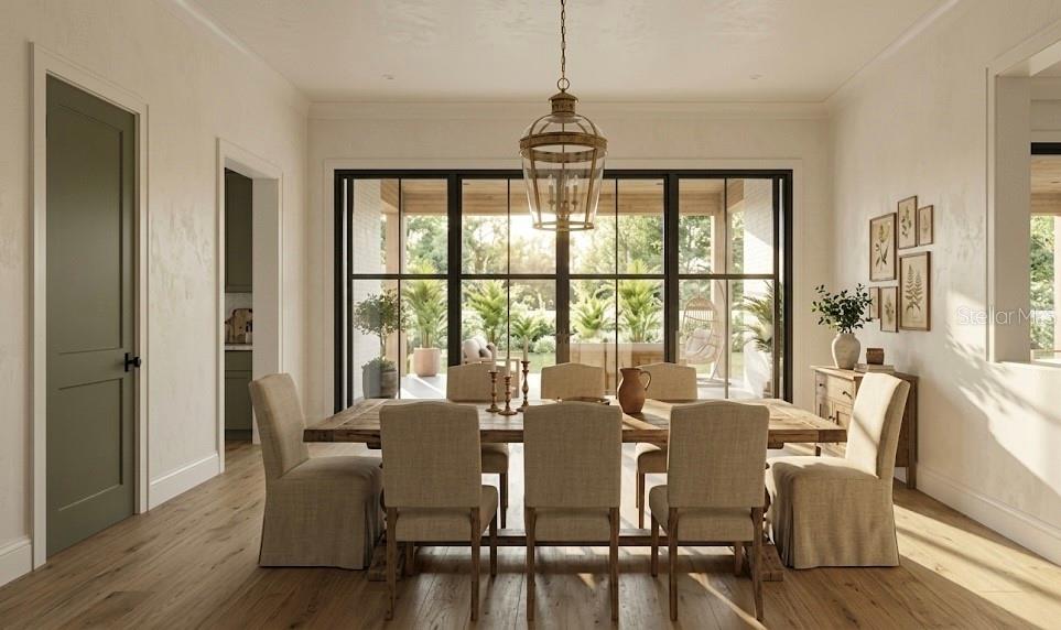 This rendering shows a dining room with a wooden table, upholstered chairs, and large windows — 420 OHIO STREET, WINTER PARK, FL